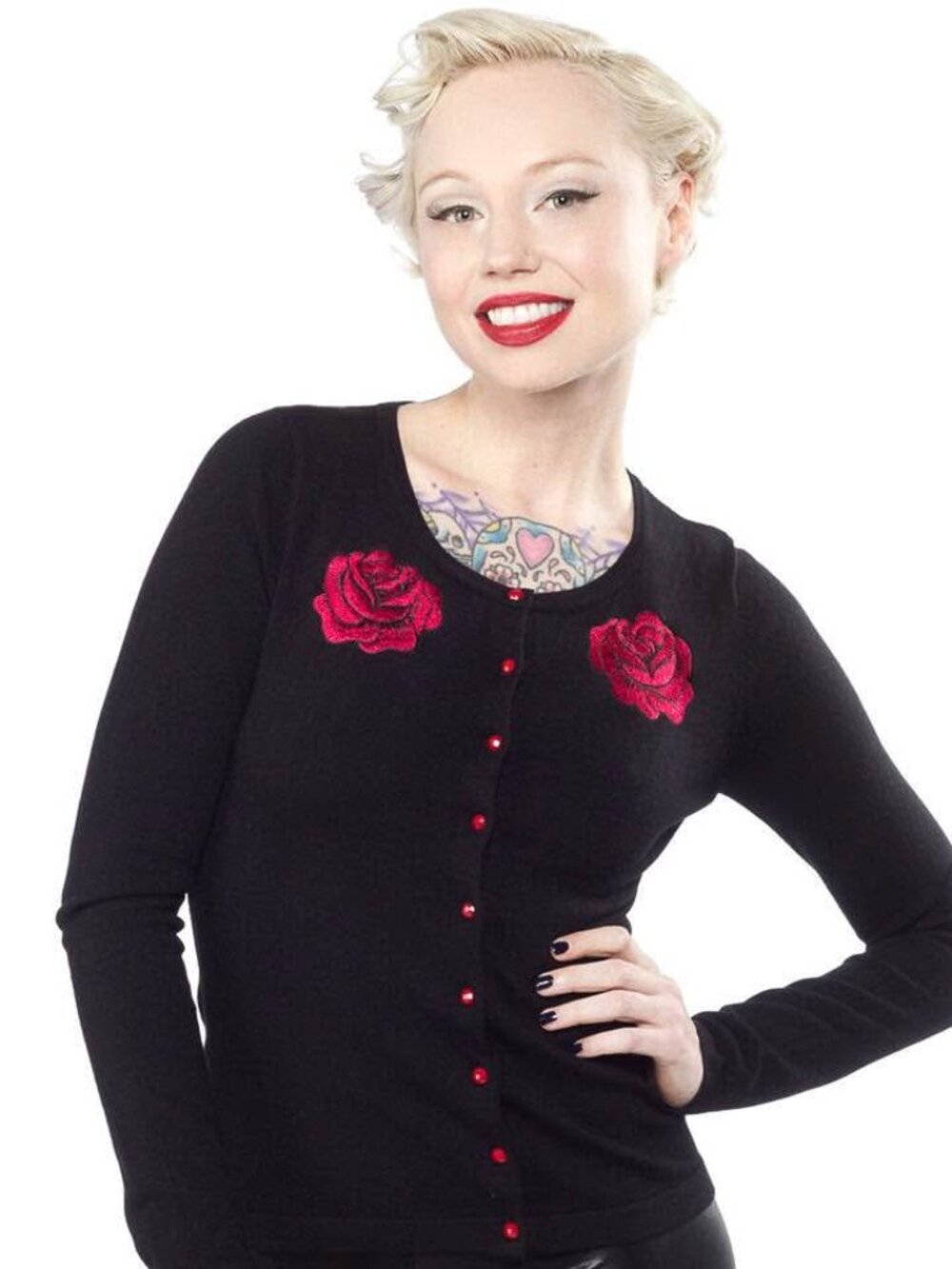 Sourpuss Rose Black Cardigan, Red Buttons / Bows - Size L / M